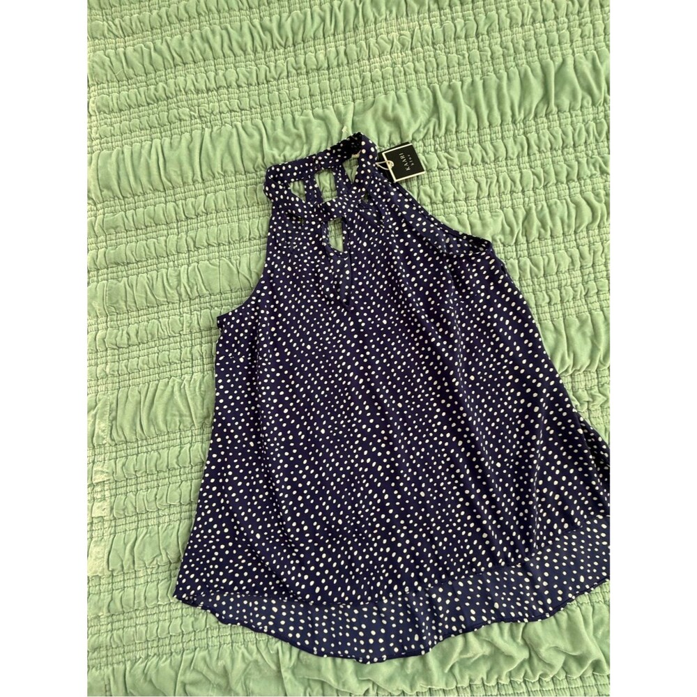 Kaari Blue Navy White Polka Dot Halter Tank-Med